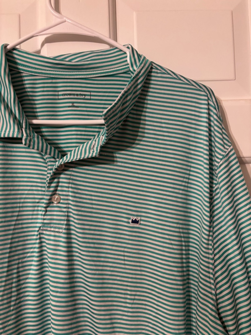 crown & ivy Teal and White Thin-Striped Polo